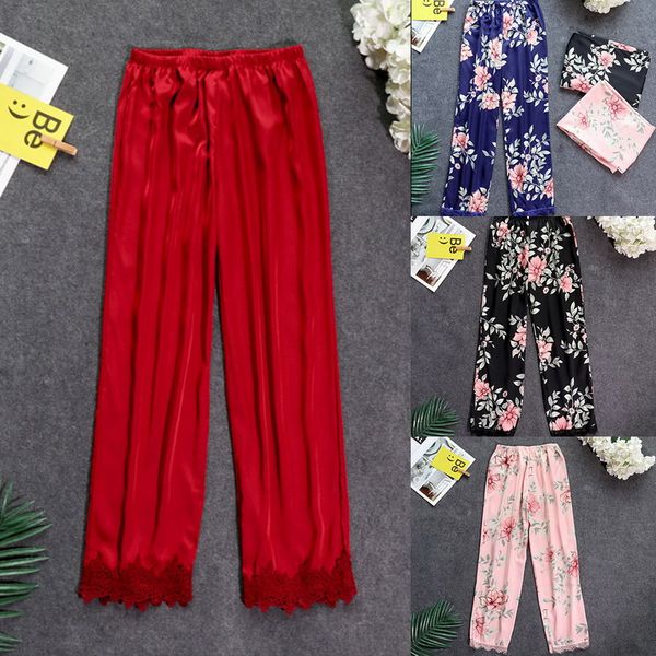 

women's sleepwear 2021 women faux silk pajamas ankle length pants casual loose floral print ladies nightwear workout lace homewear, Black;red