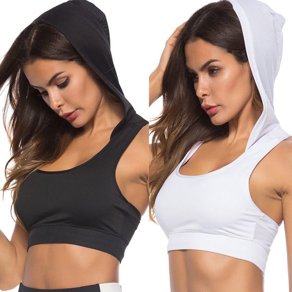 

sports wear for women gym bra o-neck sleeveless hood running mesh quick-drying yoga vest high stretch breathable fitness jogging, White;black