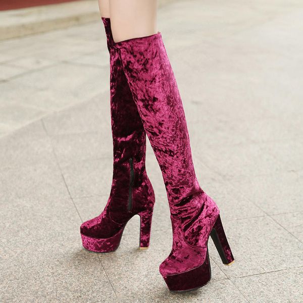 

bonjomarisa female fashion flock platform high heels over the knee boots elegant print boots women 2020 brand shoes woman, Black
