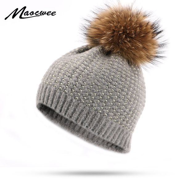 

beanie/skull caps women real fur pom hat female autumn winter wool knitted golden thread skullies beanies girl cap natural pompom, Blue;gray
