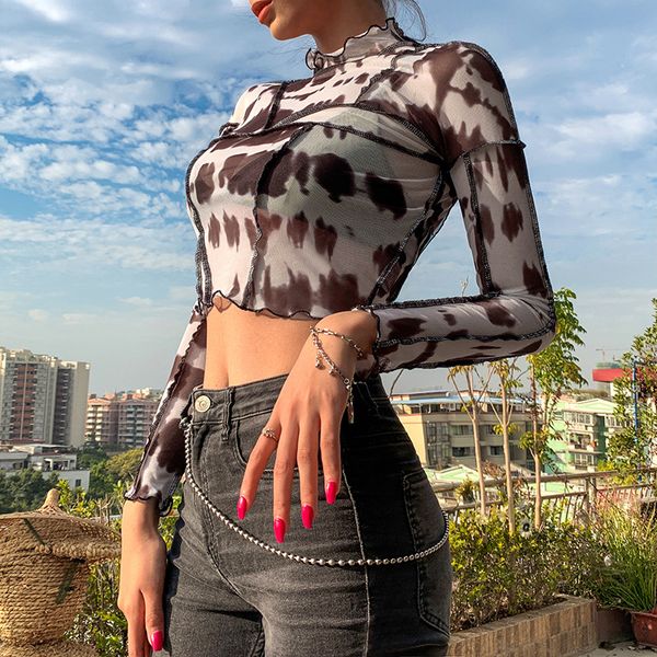 

women's t-shirt 2021 women fahion print mesh sheer long sleeve bodycon crop ladies club streewear backless t-shirts, White