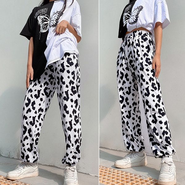 

women's pants & capris women elastic high waist milk cow print harajuku streetwear straight loose joggers trousers, Black;white