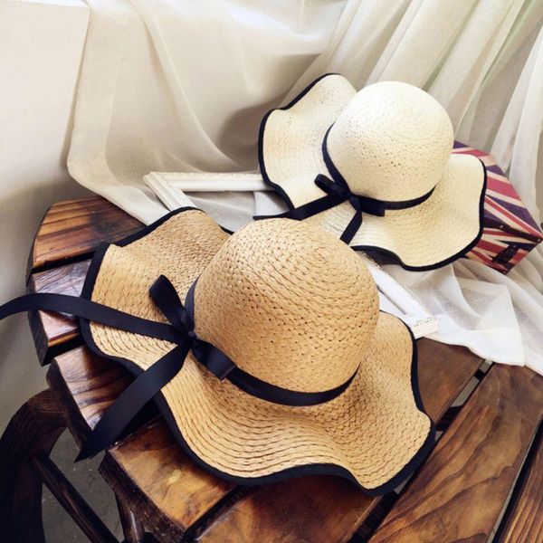 

women straw weave beach hat causal ribbon bowknot floppy sun cap outdoor travel wide brim bucket hat, Blue;gray
