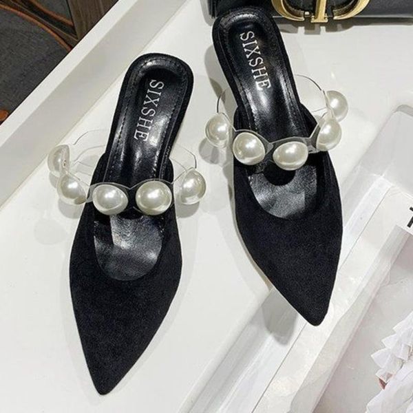

designer 2020 brand summer new luxury pearl band pointed toe shallow kitten heels lady pumps loafers mules flip flops, Black