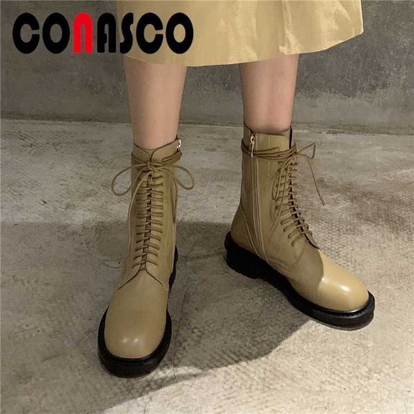 

conasco осень зима популярные женщины среднего теленок сапоги крест-tied мода натуральная кожа круглый toe низкие каблуки повседневная zip b, Black