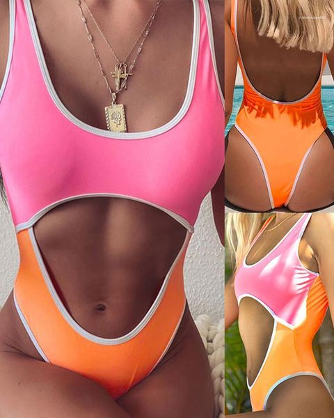 

piece bikini new style women summer swimwear women backless contrast color swimsuits high waist low cut slim one, White;black