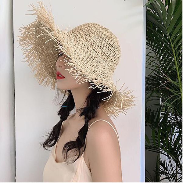 

handmade women straw sun hats large wide brim girls natural raffia beach straw sun caps chapeu feminino for holiday, Blue;gray