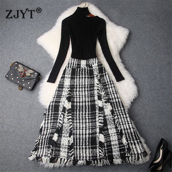 

2020 autumn fashion women's set new designer off shoulder turtleneck knit sweater and woolen skirt suit 2piece sets, Gray
