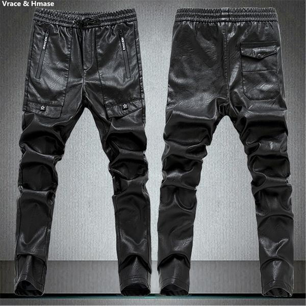 

european style fashion casual boutique locomotive jeans new arrival 2020 straight slim quality pu leather men jeans black, Blue