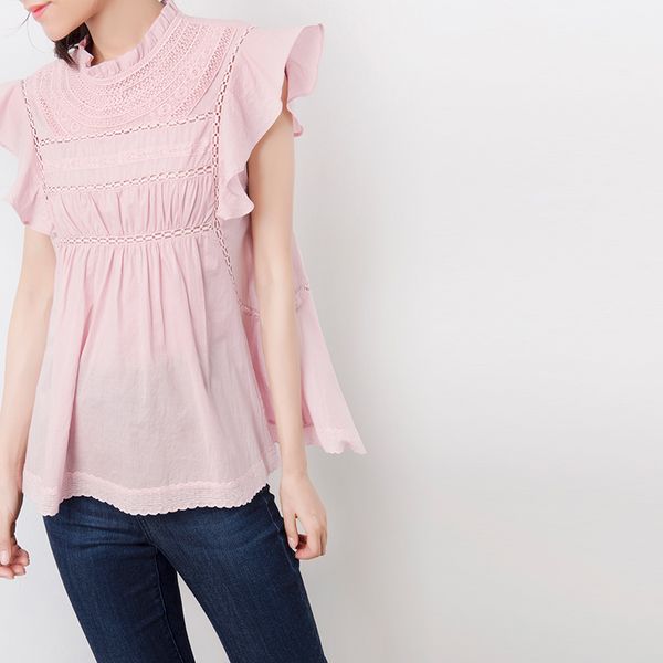 

women's blouses & shirts women sleeveless ruffle blouse pink cotton hollow out 2021 spring summer sweet top, White