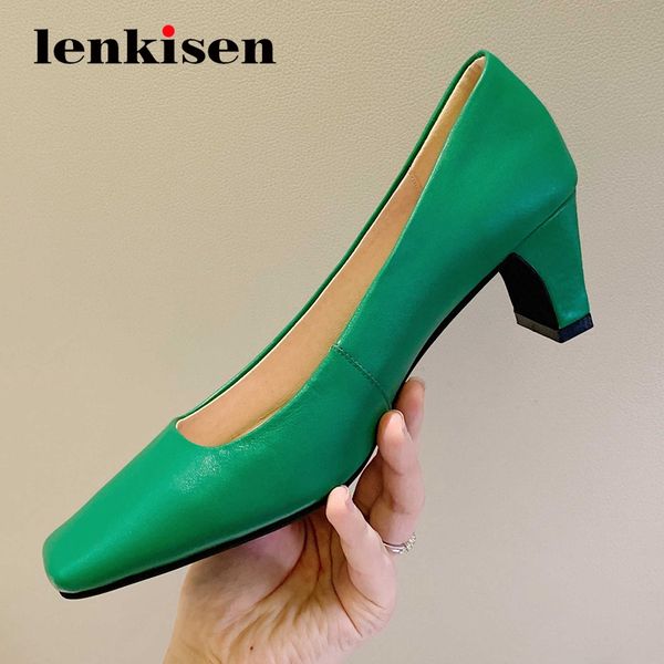 

lenkisen european style cow leather design fashion square toe thick high heel slip on pretty girls dance party women pumps l52, Black