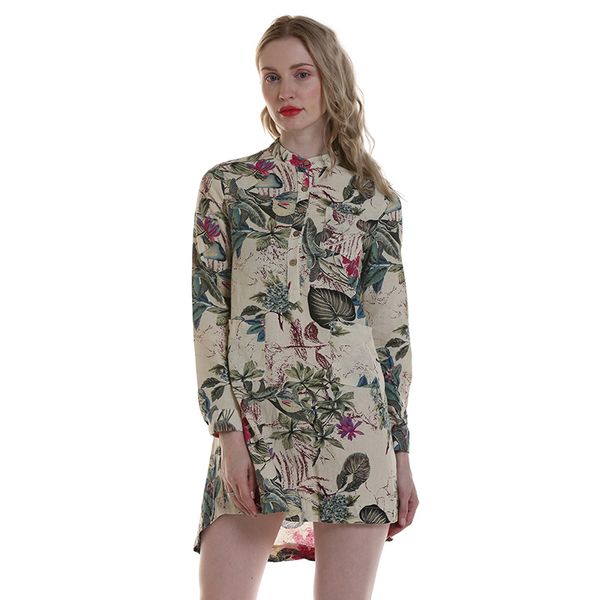 

women floral stand collar casual long sleeve dress, Black;gray
