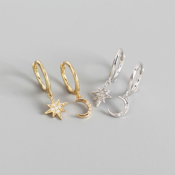 

hoop & huggie ypay 100% genuine 925 sterling silver earrings for women female asymmetry small moon star pendant earring jewelry yme838, Golden;silver