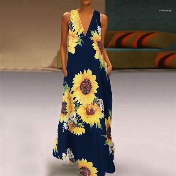 

v neck summer floral sleeveless casual bohemian long party dress female beach sundress plus size womens dress, Black;gray