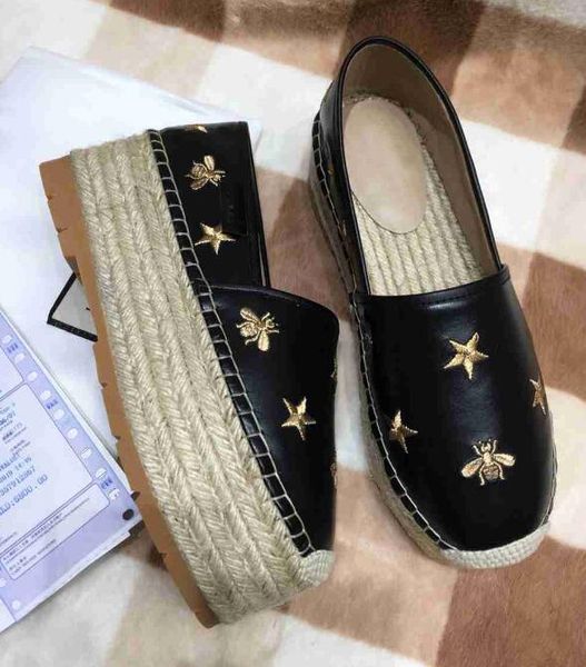 

luxuy new womens wedges platform bee hemp rope flat heels casual ladies fisherman shoes 35-40, Black