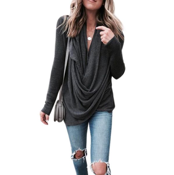 

women autumn fashion irregular cross t shirt ladies casual long sleeve solid color pullover plus size black l, White