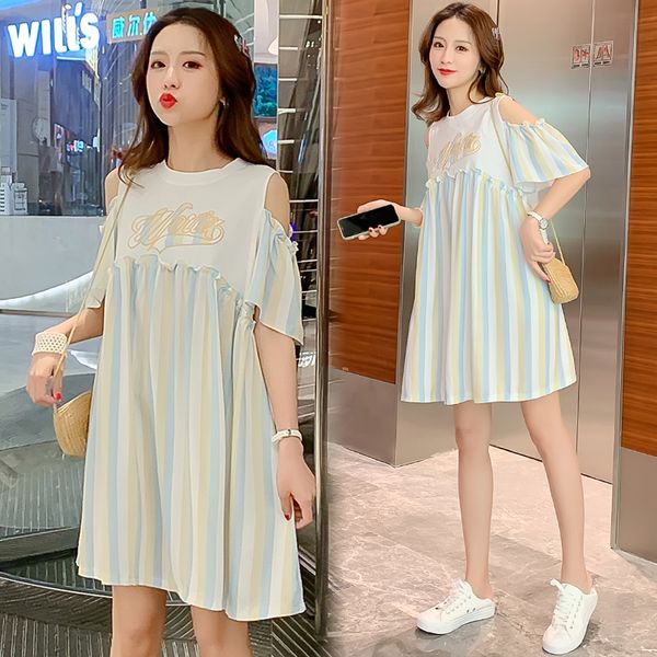 

6802# maternity dress summer hollow shoulder easy matching loose striped dress for pregnant women mom, White