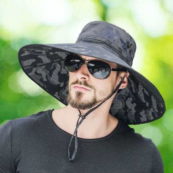 

men's sunhat summer sunscreen anti-ultraviolet hat male outdoor wide eaves fishing climbing travel holiday casual cap h7253, Blue;gray