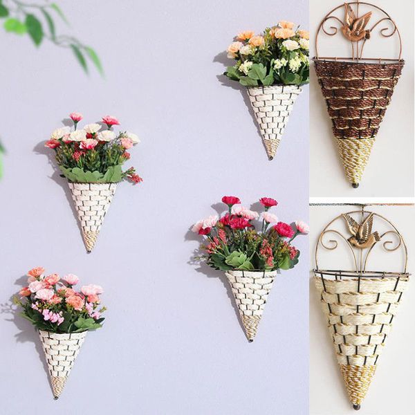 

home natural wicker flower basket vases wall hanging green plant wall conical shape hanging planter pot holder color random