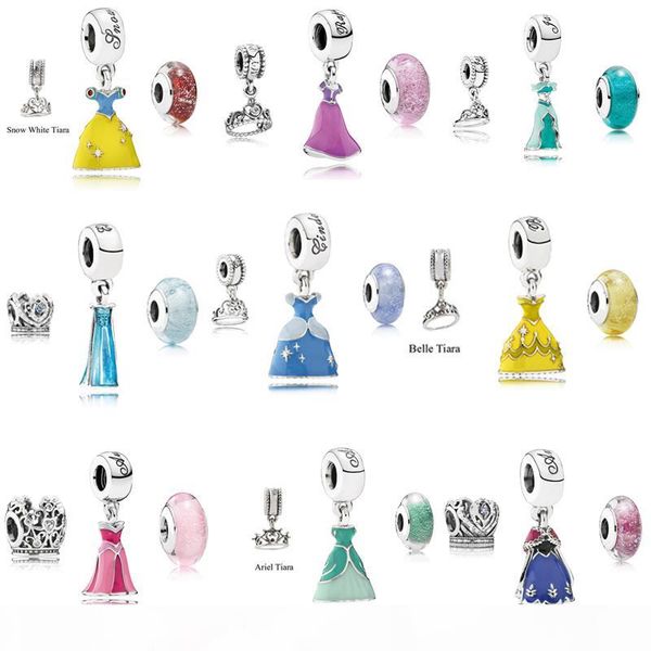 

9 sets princess party dress & crown & murano glass charms beads 925 sterling silver jewelry pendants for charms bracelets diy 3pcs set, Bronze;silver