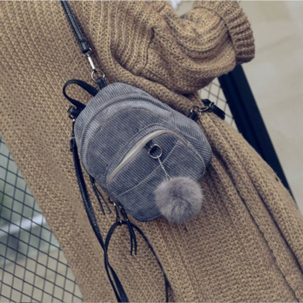 

fashion women girls backpack solid travel small zipper shoulder corduroy bag fluffy ball hanging backpacks