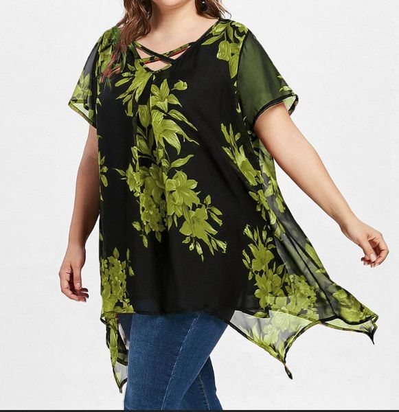 

size fashion casual clothes womens double layer chiffon tshirts 5xl summer designer cross floral print irregular loose tees females plus, White