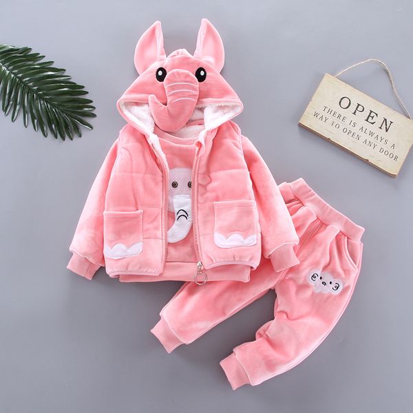 

winter children's clothing sets baby boy girl clothes suit for kids thick warm hooded cartoon vest +coats + pants 3pcs outfits, White