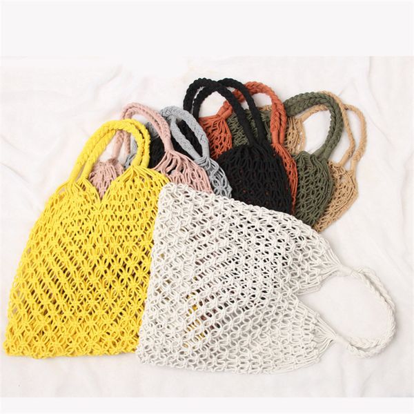 

35x35cm fashion popular woven bag mesh rope weaving tie buckle reticulate hollow straw bag no lined net shoulder bag