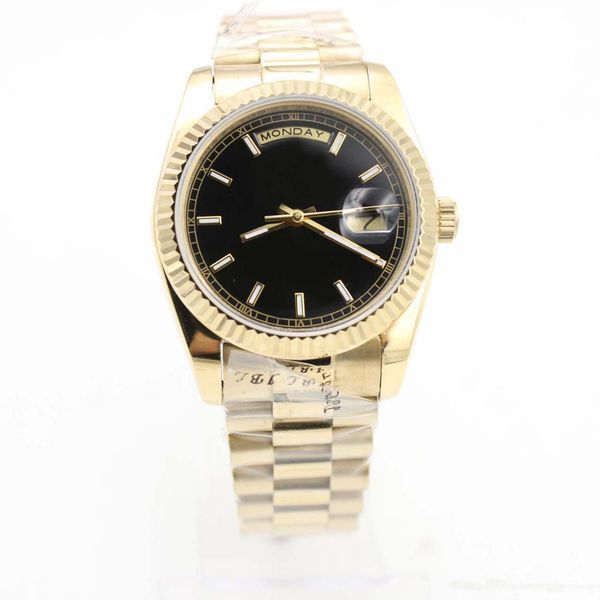 

men's watch 36mm gold 18k texture dial dateday black dial sapphire mirror heads with folding buckle, Slivery;brown