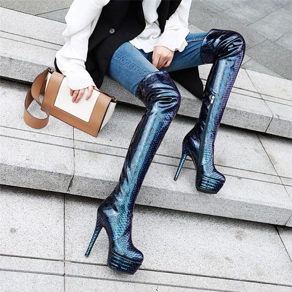 

женские высокие сапоги сексуальных супер высокие каблуки сапог на платформе молнию над коленом танец обувью зимних женщинами, Black