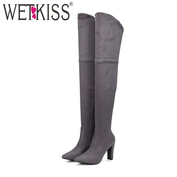 

wetkiss 2020 fashion lady over knee ботинка женщины высоких каблуках обувь высокие сапоги zip pointy женская обувь зима большой размер, Black