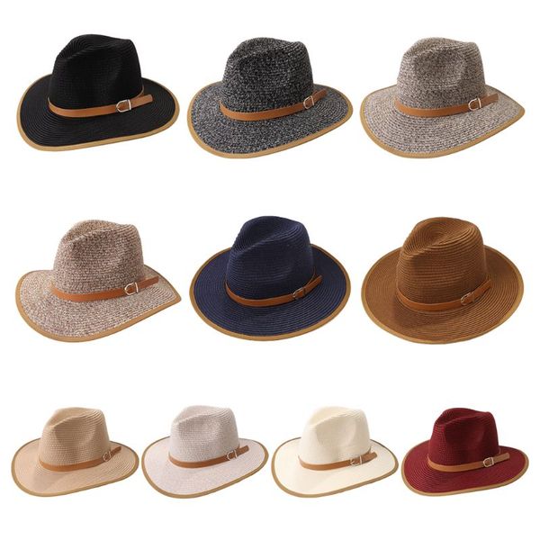 

retro fedora panama sun hat faux leather belt wide brim cone bucket cap m7dd, Blue;gray