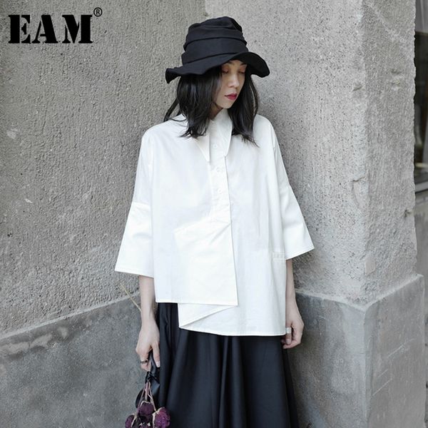

eam] women white irregular big size blouse new lapel three quarter sleeve loose fit shirt fashion tide spring summer 2020 1w540
