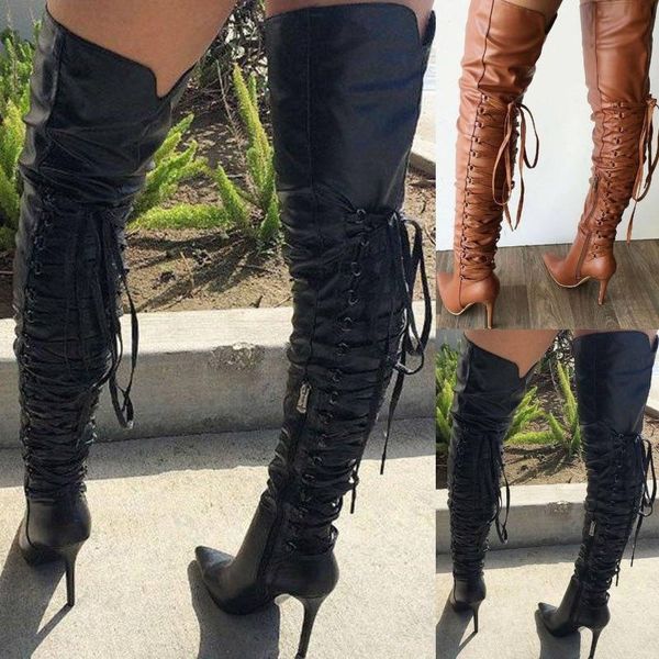 

women fashion over the knee boots high heel boots thigh lace up long pointed toe high bandage women booties, Black