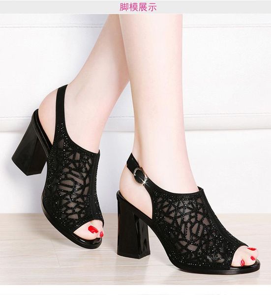 

women wedge sandals mid heel summer net ladies shoes artificial open toe casual wedding pumps ankle strap sandalias mujer, Black