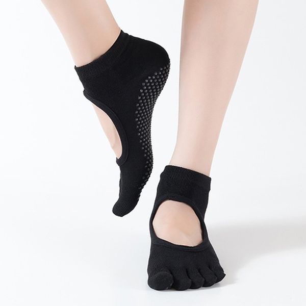 

women yoga socks anti-slip five fingers backless silicone non-slip 5 toe socks ballet gym fitness sports polyester, Black