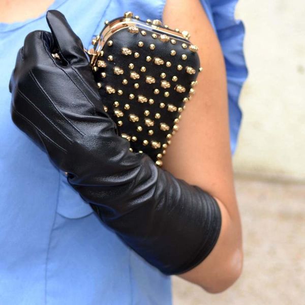 

women 40cm long real sheep leather back three lines style elbow long gloves black, Blue;gray