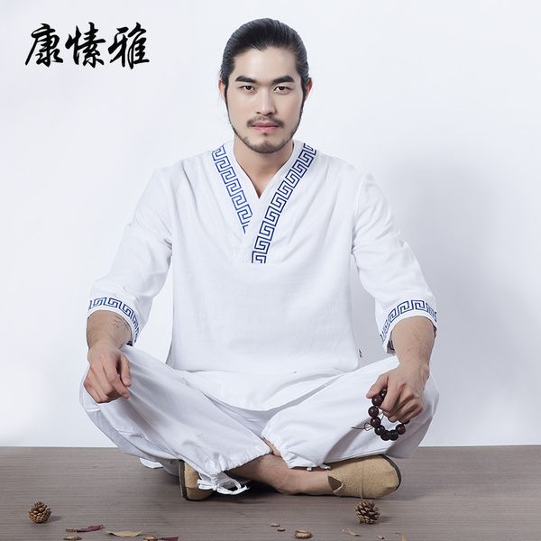 

spring men yoga set loose yoga shirts wide leg pants male meditation uniforms kungfu tai chi martial arts clothing, White;red