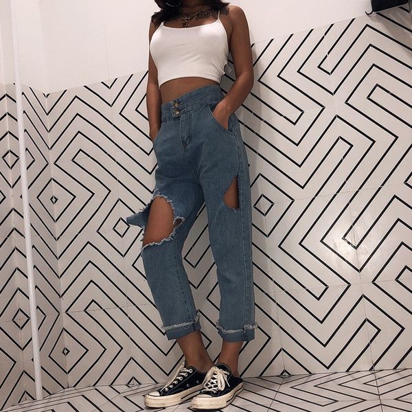 

джинсы для женщин голубой сыпучие винтажная женский мода женщины высокой талией новый стиль мешковатые мама джинсы брюки повседневные, Blue