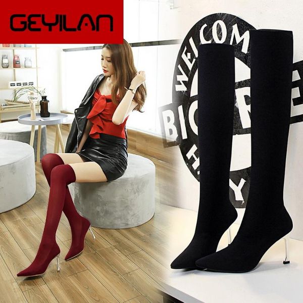 

boots 2021 est thigh high over the knee women pointed toe genuine leather fashion thin heels prom shoes, Black