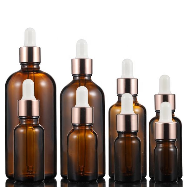 

storage bottles & jars factory price cosmetic packaging serum essential oil amber glass dropper with rose god lids and eye in stocks