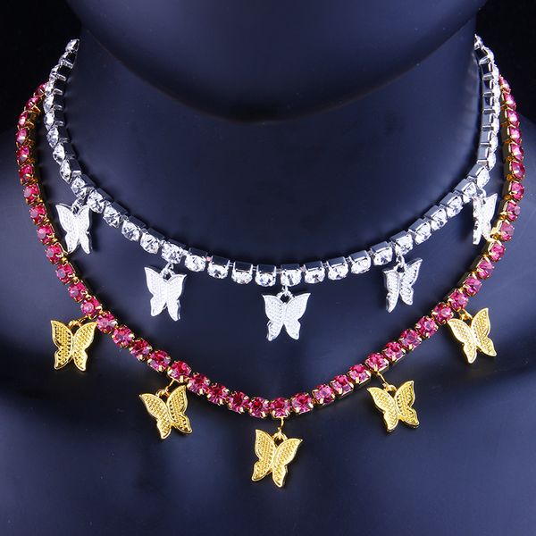 

trendy star 5 small butterfly necklace choker chain bulk clear and pink cuban bling iced out butterfly tennis chokers, Silver