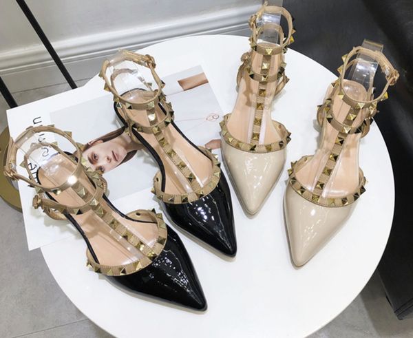 

fashion new spring ankle strap women flat leopard shoes t-strap pointed toe rivet flat sandals woman party dress shoes, Black