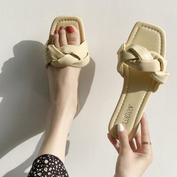 

женская обувь 2020 женщины brand summer слайды высокого качества плетение open toe плоский повседневный трусы досуг сандал женский пляж флип, Black