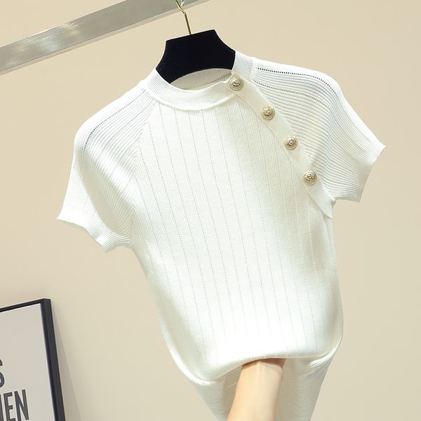 

shintimes thin knitted white t shirt button short sleeve tshirt women 2020 summer solid casual t-shirt female tee shirt femme