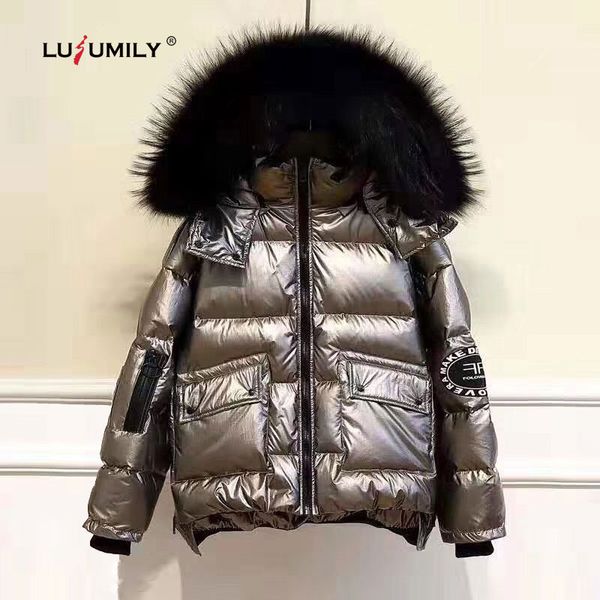 

lusumily women's down jacket winter loose short warm coats white duck down parka large faux fur collar glossy outwear female, Black