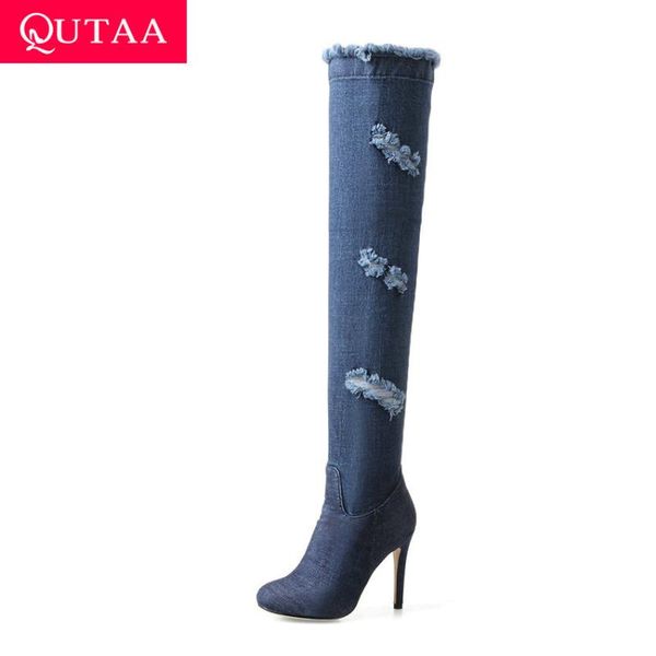 

qutaa 2020 джинсовые отверстия тонкий над коленом boots круглый toe stilettos боковая молния западный стиль осень длинные сапоги большого ра, Black