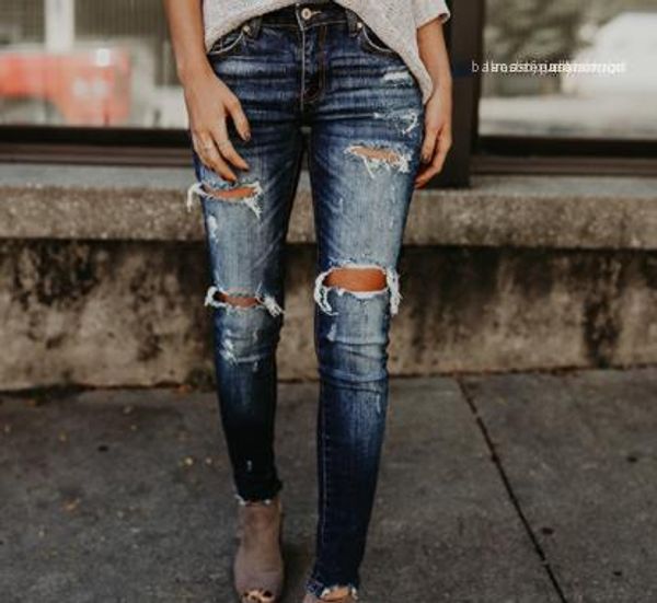 

style women jeans leggings fashionable vintage ripped casual mid waist jeans designer women pencil pants new, Blue