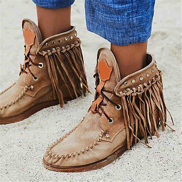 

winter women ankle boots british style tube frosted tassel boots tide lace-up boho women cowboy shoes botas mujer, Black
