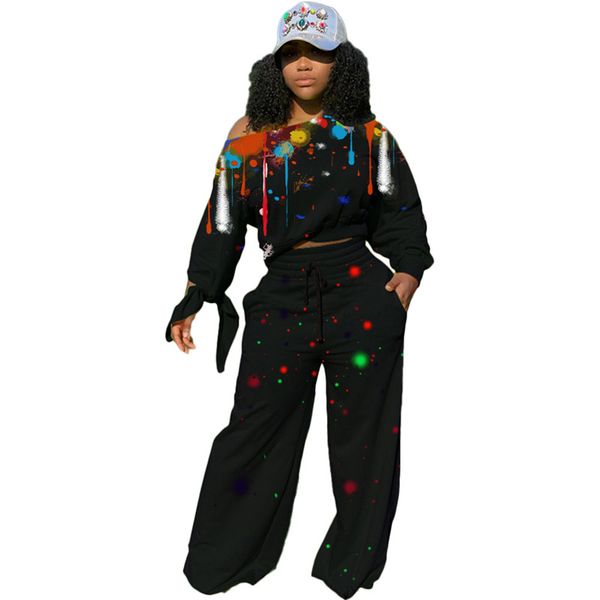 

splash ink designer womens tracksuits casual crew neck two piece set womens clothing loose fashion designer, White